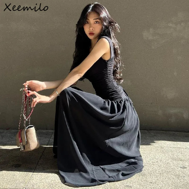 WhereMery Elegant Slip Long Dresses Sexy Women Ruched Bodycon Solid Maxi Dress Spring Y2K Summer Temperament High-waist Vestidos - Smarsty