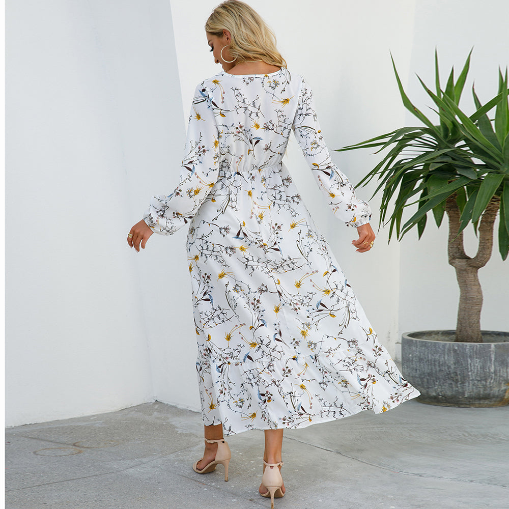 2023 Sping Summer Bohemian Women Maxi Dress Casual Long Sleeve High Waist Beach Woman Chiffon Dresses Floral Vestidoes Mujer New - Smarsty