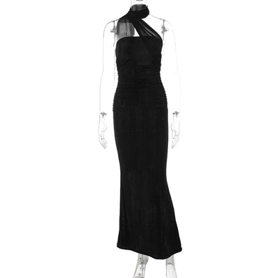 Hugcitar Halter Solid Sleeveless Backless Ruched Sexy Bodycon Maxi Prom Dress Summer Women Elegant Outfit Evening Party Birthday - Smarsty