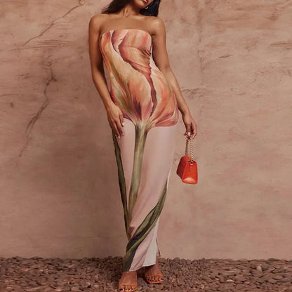 Sexy Strapless Backless Printed Long Dress Women Fashion Sleeveless Off Shoulder Vestidos 2024 Summer Lady Party Evening Robes - Smarsty