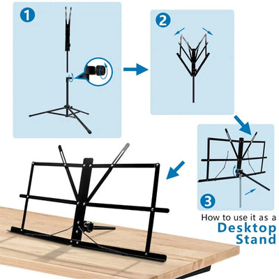Music Stand 2 in 1 Dual Use Folding Sheet Music Stand Desktop Book Stand Portable and Lightweight - Smarsty