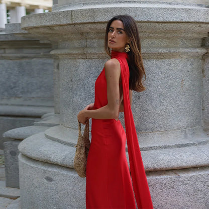 Elegant Women's Ribbon Long Satin Party Dress Halter Backless Sleeveless Female Dresses 2025 Summer Lady Solid Evening Gowns
