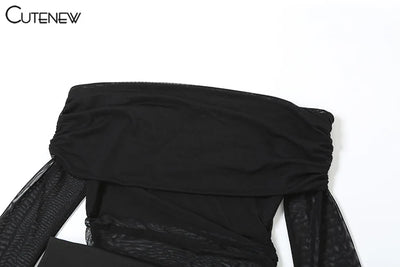 Cutenew Mesh Ruched Women Maxi Dress Sexy See Through Off Shoulder Long Sleeve Sheath Vestidos Female Midnight Party Solid Robe - Smarsty