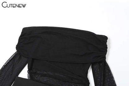 Cutenew Mesh Ruched Women Maxi Dress Sexy See Through Off Shoulder Long Sleeve Sheath Vestidos Female Midnight Party Solid Robe - Smarsty