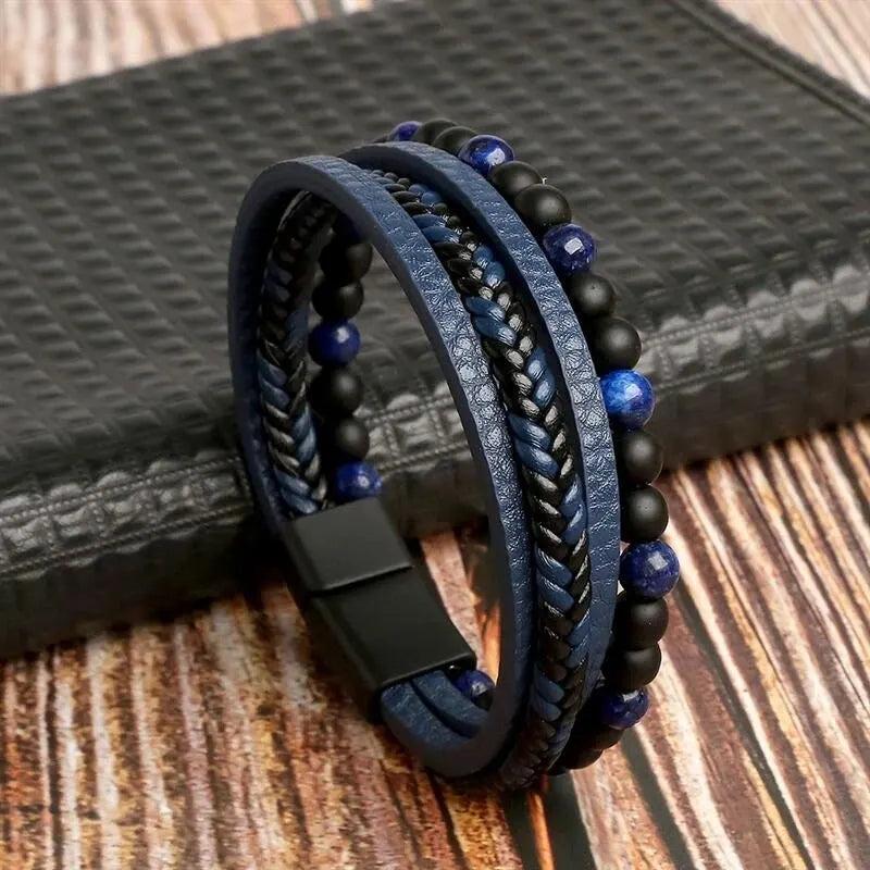 Men Leather Bracelet Multi Layer Tiger Eye Beaded Design - Smarsty