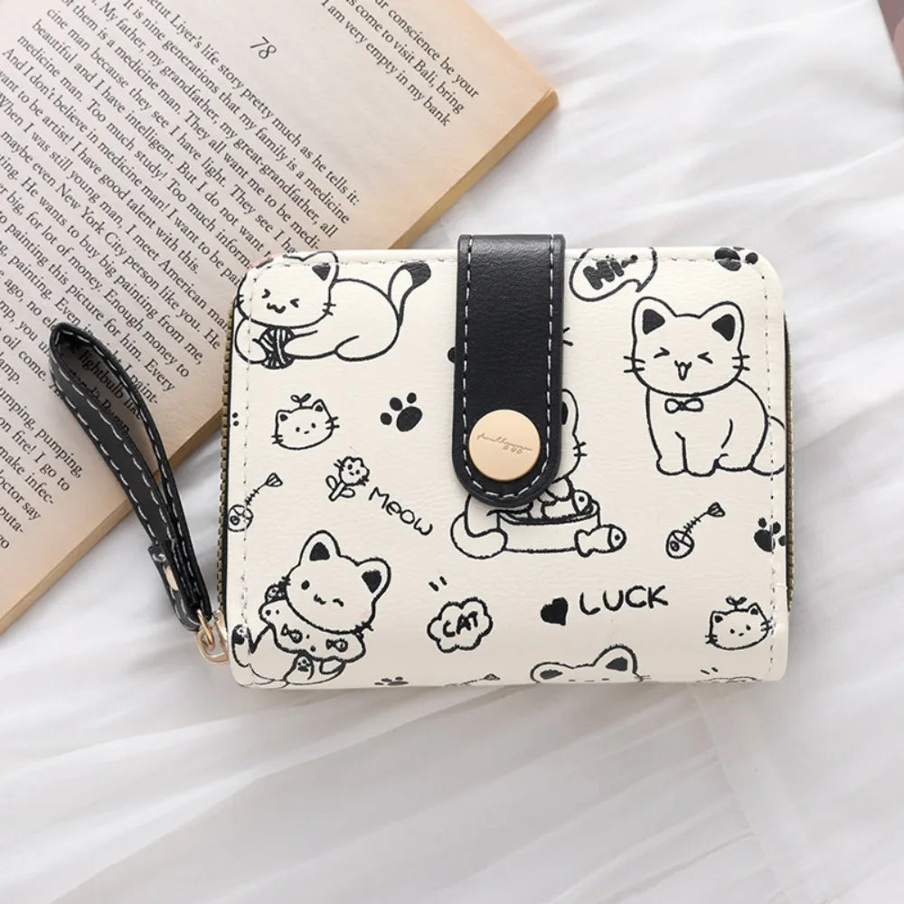 Cute Cat Coin Purse Women Fashion Short Wallet PU Leather Large Capacity Wallet Lightweight ID Card Holder Travel Cash Coin Bag - Smarsty
