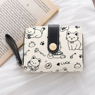Cute Cat Coin Purse Women Fashion Short Wallet PU Leather Large Capacity Wallet Lightweight ID Card Holder Travel Cash Coin Bag - Smarsty