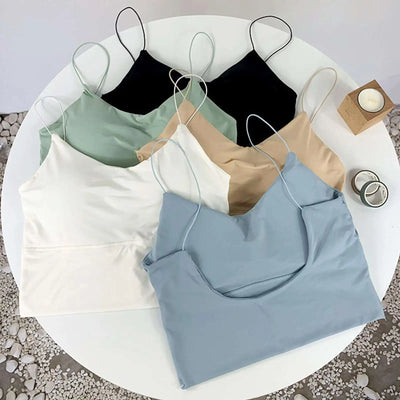 1pc Women Sexy Solid Color Camisole Ice Silk Tube Seamless Sports Tank Top Wireless Underwear Padded Bra Bralette Vest - Smarsty