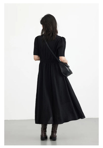 CHIC VEN Women Dresses French Style Vintage V-neck Puff Sleeve Long Dress Solid Black Loose Female Clothing Summer New 2023 - Smarsty