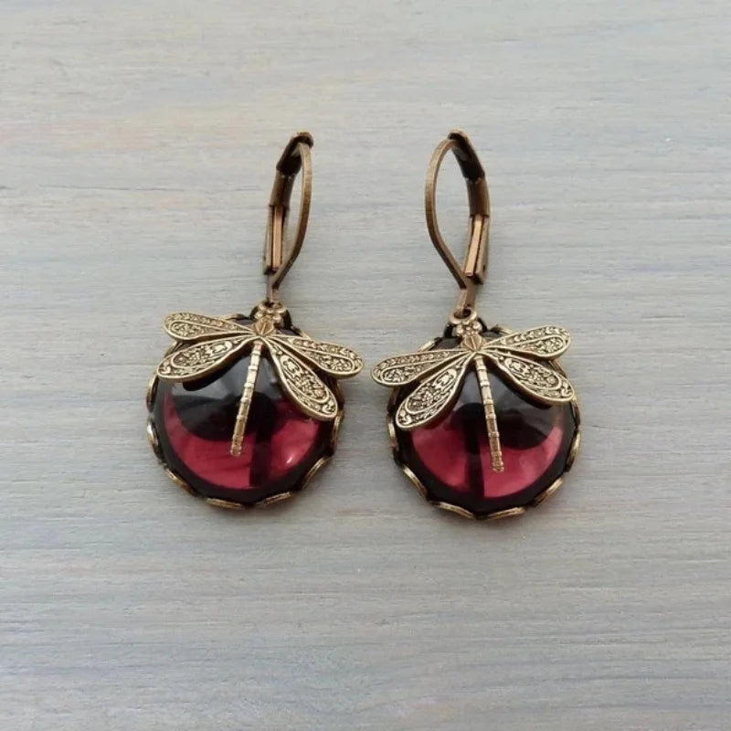 Vintage Dragonfly Drop Earrings with Moonstone Inlaid Design - Smarsty