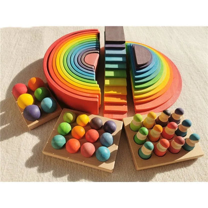 High Quality Wooden Toys Lime Wood Rainbow Arch Stacking Blocks Building Semi Color Sorting Peg Dolls Balls Slat for Kids Play - Smarsty
