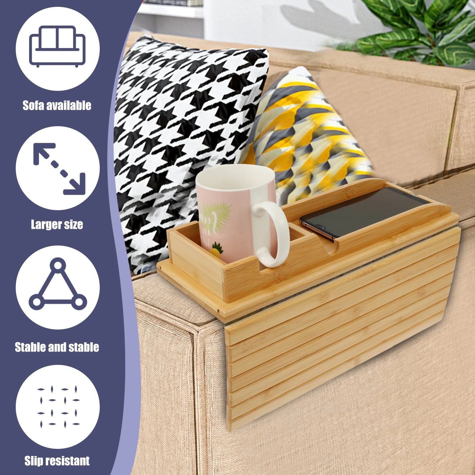 Couch Cup Holder Bamboo Wood Sofa Armrest Tray Foldable Sofa Cup Holder Anti-Slip Couch Arm Cup Holder Sofa Side Storage Tray by Smarsty