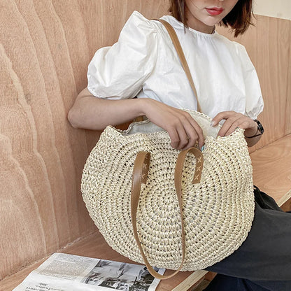 Round Straw Beach Tote for Women Large Capacity Bag - Smarsty