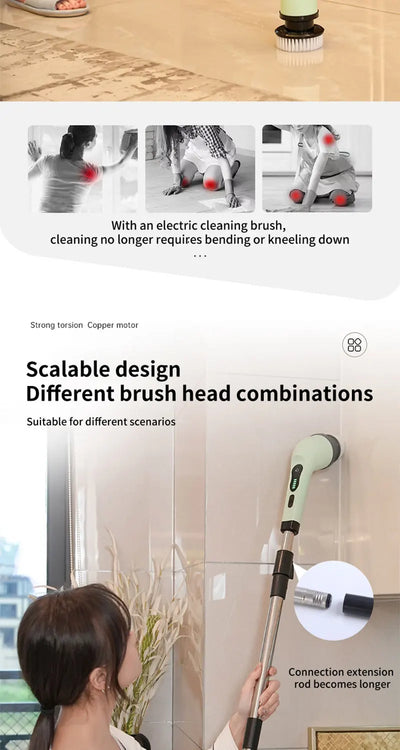 9 in 1 Electric Spin Scrubber Cordless Cleaning Brush Shower Scrubber Adjustable Extension Handle Waterproof For Tub Tile Floor - Smarsty