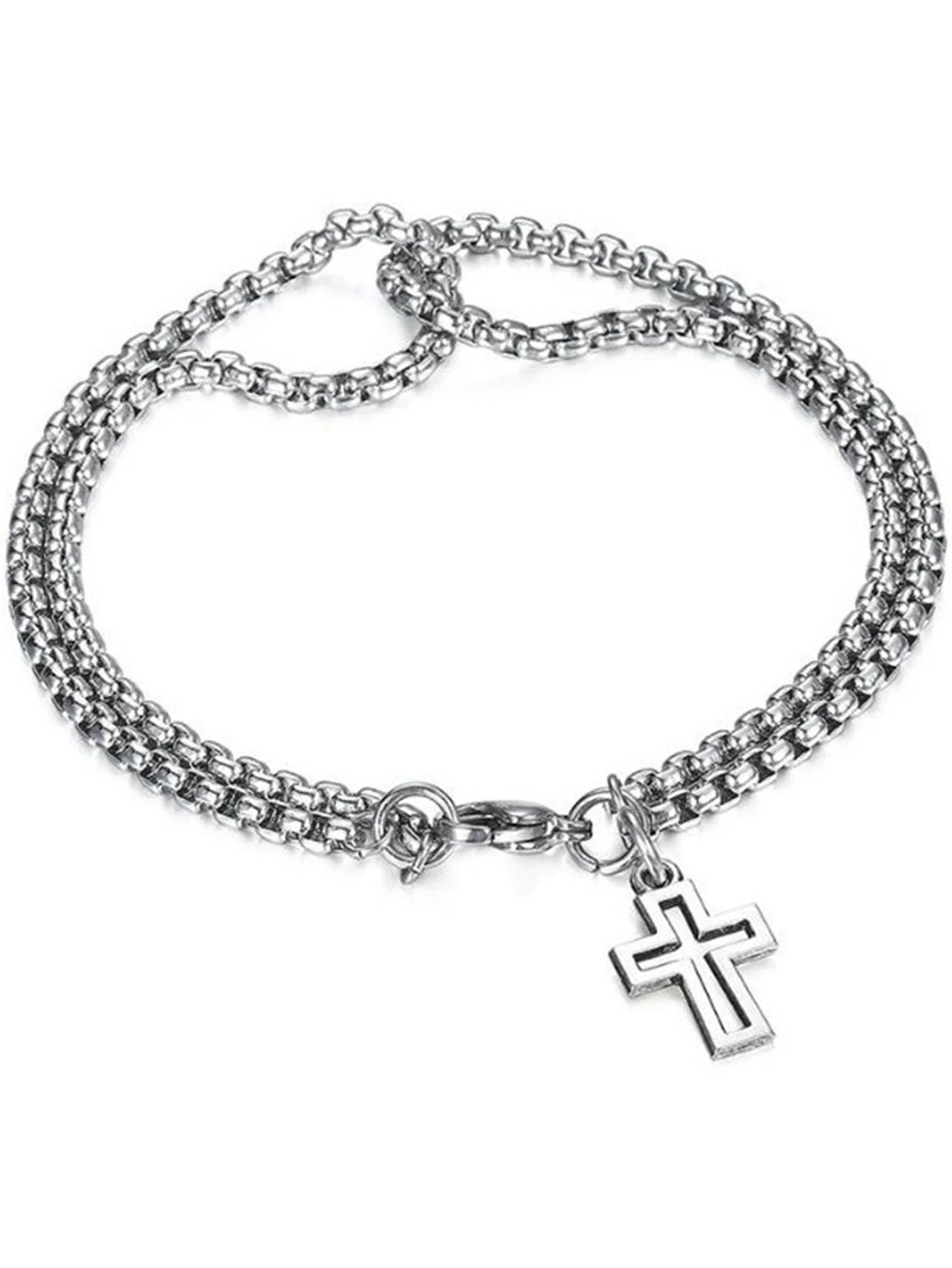 Mens Stainless Steel Double Chain Cross Bracelet Durable Hip Hop Jewelry - Smarsty