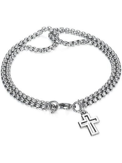Mens Stainless Steel Double Chain Cross Bracelet Durable Hip Hop Jewelry - Smarsty