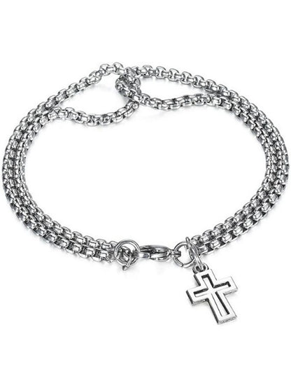 Mens Stainless Steel Double Chain Cross Bracelet Durable Hip Hop Jewelry - Smarsty