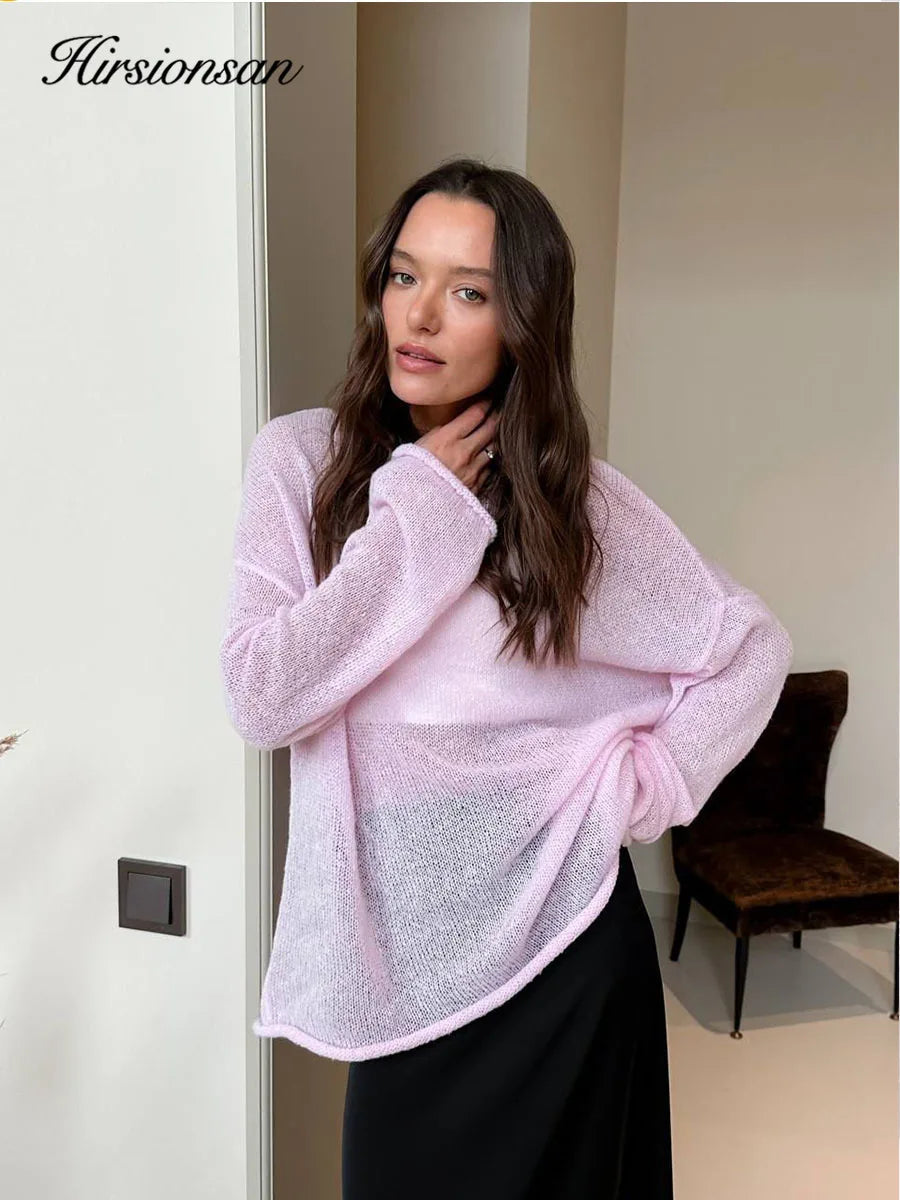 Hirsionsan Elegant Sweater Women 2024 Summer Autumn Casual Fashion Loose Women Pullovers Chic Pink White Jumper Sueter Mujer - Smarsty