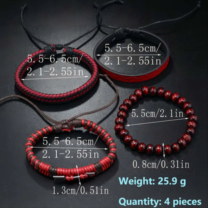 Vintage Mens Leather Bracelet Wooden Beaded Hand Woven Fashion - Smarsty