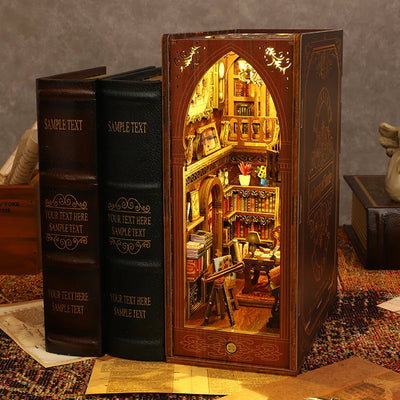 DIY Book Nook Shelf Insert Kit 3D Wooden Puzzle Doll House Assembly Building Model Bookends With Furniture LED Light Xmas Gifts by Smarsty