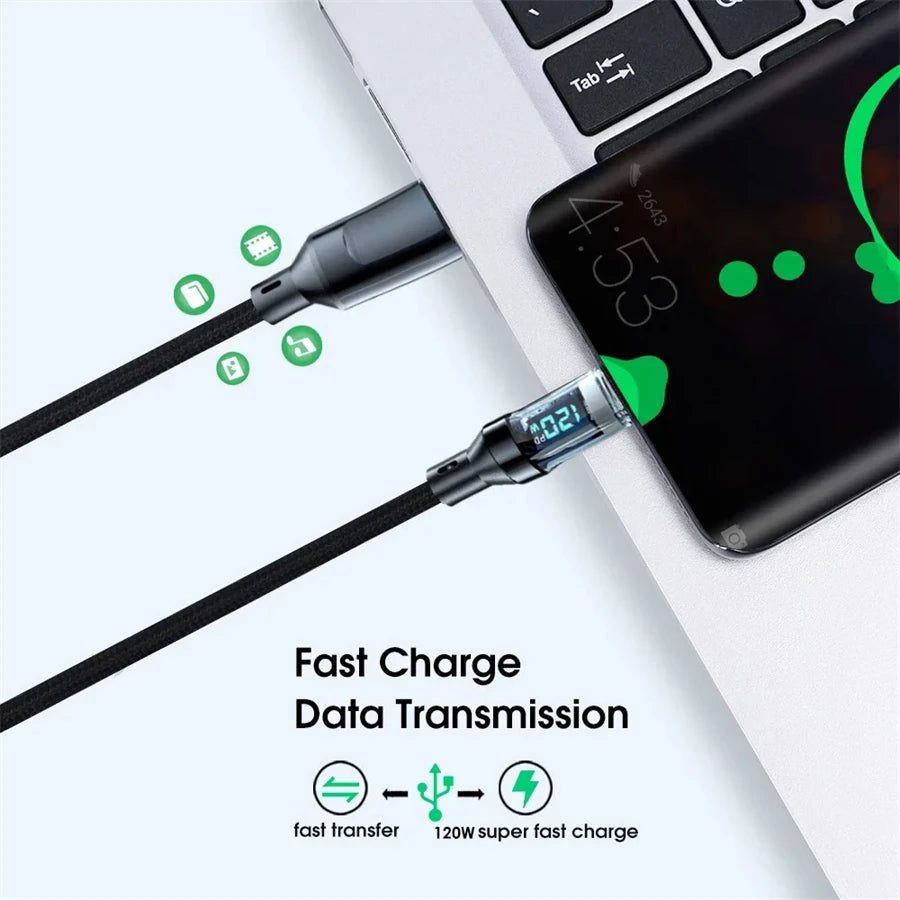NNBILI 120W Super Fast Charging Cable Real-time Digital Display USB A to Type C data Cable For iPhone Android Phones Universal - Smarsty