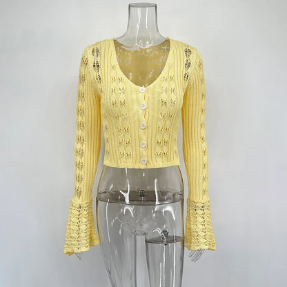 TARUXY Hollow Knitted Cardigan Women's Solid Long Sleeve V Neck Short Sweater Top Summer 2025 New Female Crochet Casual Outwear