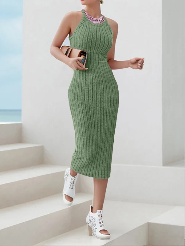 Solid Halter Neck Bodycon Midi Dress High-end temperament vest halter dress women's summer new high-waist slim temperament slim - Smarsty