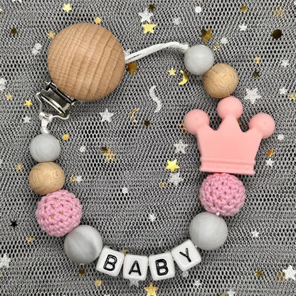 NEW Custom Personalized Name Pacifier Clip Handmade Beech Wooden Chain Silicone Crown Holder Soother Baby Teething Toy Chew Gift