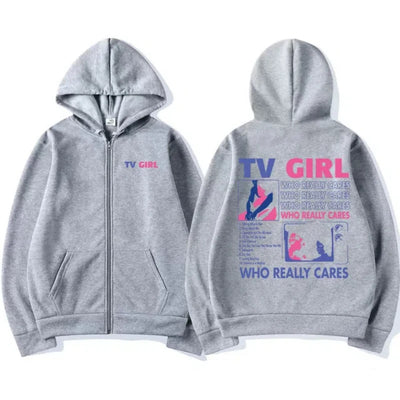 Men Women TV Girl Who Really Cares Graphic Print Zipper Hoodie Fashion Casual Oversized Jacket Fleece Long Sleeve Sweatshirts - Smarsty