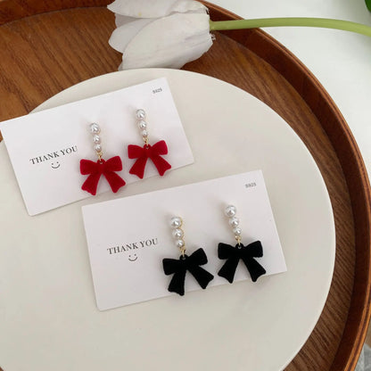Red Black Bowtie Earrings with Simulated Pearls for Women - Smarsty