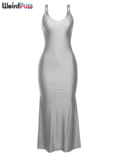 Weird Puss Sexy Backless Women Evening Maxi Dress Folds V-Neck Sleeveless Coquette Elegant Mermaid Matching Banquet Prom Bodycon - Smarsty
