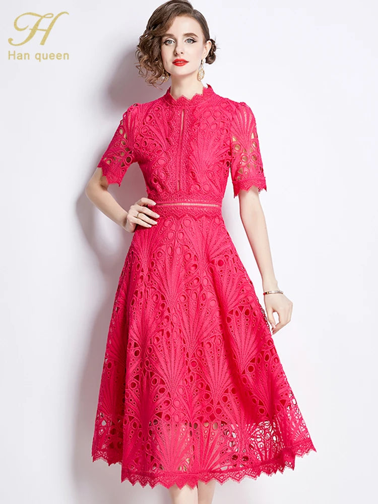 H Han Queen Spring New Elegant Casual Work Party Dresses Floral Crochet Hollow Out Lace Patchwork Casual Office Midi Dress - Smarsty