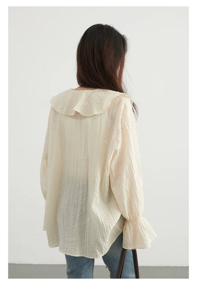 CHIC VEN Women Shirt Loose Casual Ruffled Edges Female Blouses V Neck Lace Up Mid Length Woman Shirts Spring Summer 2024 - Smarsty
