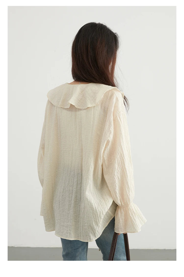 CHIC VEN Women Shirt Loose Casual Ruffled Edges Female Blouses V Neck Lace Up Mid Length Woman Shirts Spring Summer 2024 - Smarsty