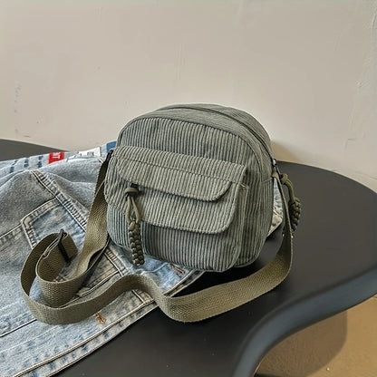 Corduroy Crossbody Bag Zipper Closure Adjustable Strap - Smarsty