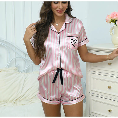 Womens Pajama Set Victoria Style Summer Satin Striped Embroidered Short Sleeve Top Short Pants Two piece Casual Home Clothes Set - Smarsty