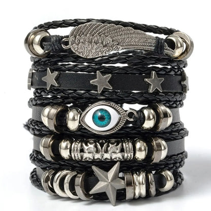5pcs Evil Eye Wing Star Diy Braided Punk Style Bracelet Set, Featuring Pu Leather And Beads - Smarsty
