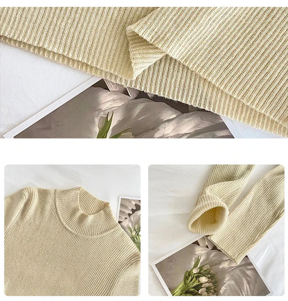 Autumn Winter Mock Neck Women Sweater Vintage Basic Solid Knitted Korean Tops Casual Slim Pullover Sweaters Simple Chic Jumpers - Smarsty
