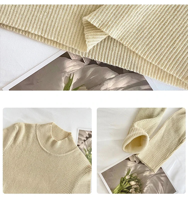 Autumn Winter Mock Neck Women Sweater Vintage Basic Solid Knitted Korean Tops Casual Slim Pullover Sweaters Simple Chic Jumpers - Smarsty