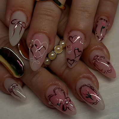 24 Piece Pink Almond Fake Nail Set With Bowknot Design - Smarsty
