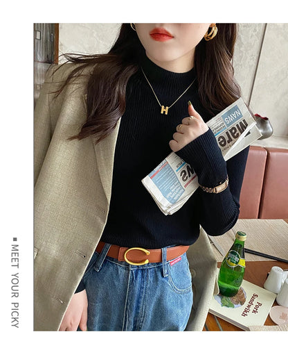 Autumn Winter Mock Neck Women Sweater Vintage Basic Solid Knitted Korean Tops Casual Slim Pullover Sweaters Simple Chic Jumpers - Smarsty