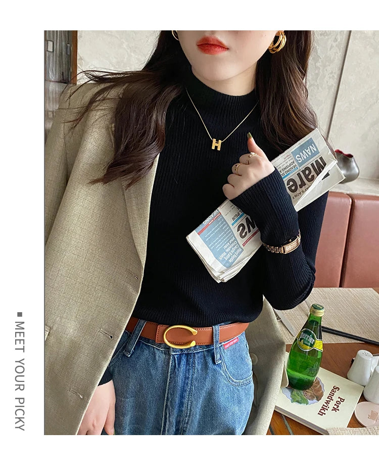 Autumn Winter Mock Neck Women Sweater Vintage Basic Solid Knitted Korean Tops Casual Slim Pullover Sweaters Simple Chic Jumpers - Smarsty