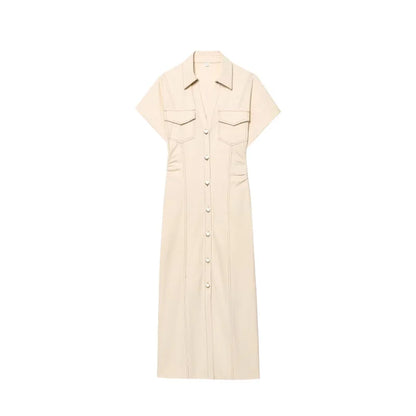 ETJ 2025  Spring New 1975 series denim MIDI dress with lapel side zipper fashion wrinkle waist slim elegant dress