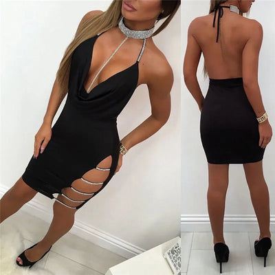 Sexy Deep V Neck Low-cut Side Split Silver Collar Bodycon Dress Women Elegant Backless Sleeveless Mini Dress Club Party Vestidos - Smarsty