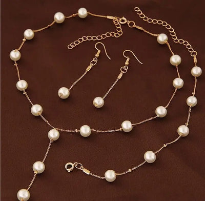 Gold Tone Necklace Earrings Bracelet Set With Tassel Pearls - Smarsty