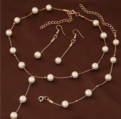 Gold Tone Necklace Earrings Bracelet Set With Tassel Pearls - Smarsty