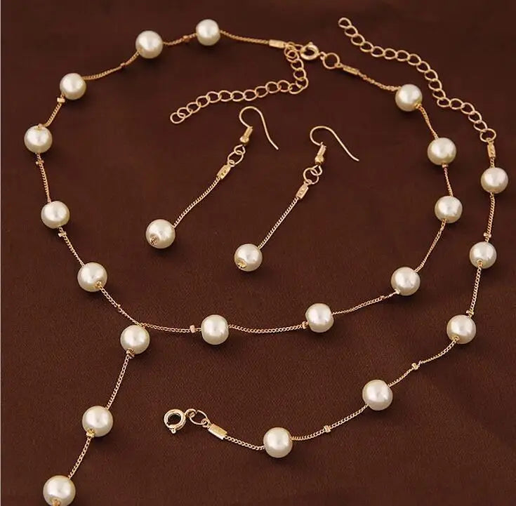 Gold Tone Necklace Earrings Bracelet Set With Tassel Pearls - Smarsty