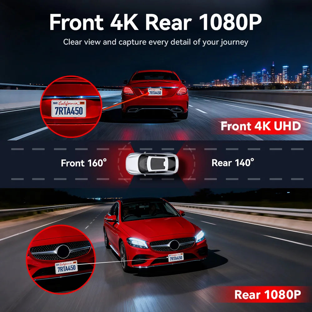REDTIGER  A4 4k Dash Cam Front and Rear Drive Recorder GPS& 5G WiFi Touch Screen Night Vision 24H Parking Mode Voice Control