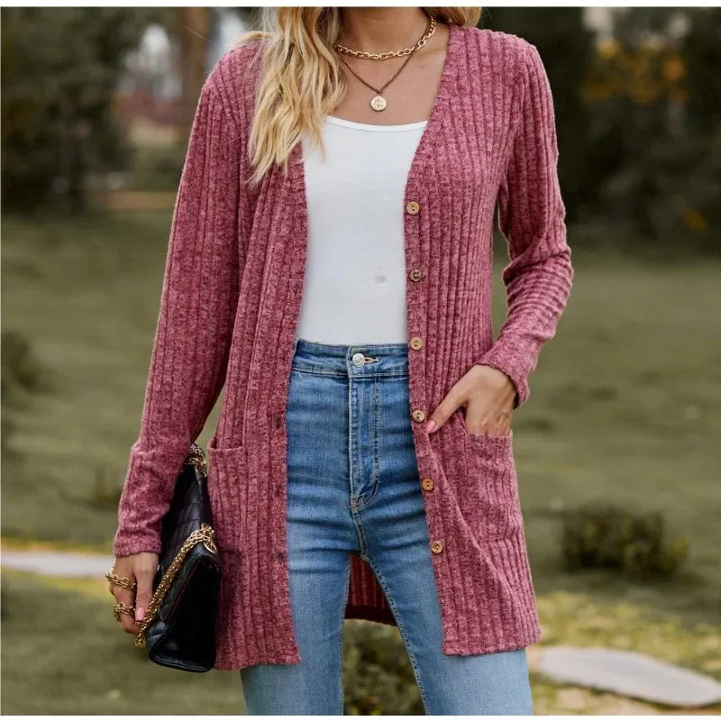 Autumn New Women's Milled Pit Stripe V-Neck Solid Colour Button Long Sleeve Ladies Casual Extensions Cardigan Jacket Coat - Smarsty