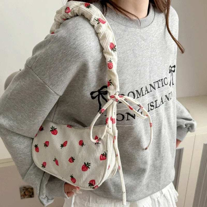 Corduroy Underarm Bag For Women Strawberry Print Mini Tote - Smarsty